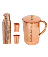 Pure Copper Hammered Bottle Water Pitcher Jug 2 Drinking Tumbler Glass S... - £46.31 GBP