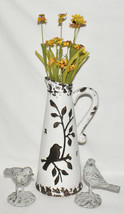 13&quot; Bird Pitcher Vase w Floral Motif Brown White Distressed Crackle Glaz... - $39.00