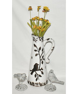 13&quot; Bird Pitcher Vase w Floral Motif Brown White Distressed Crackle Glaz... - £31.17 GBP