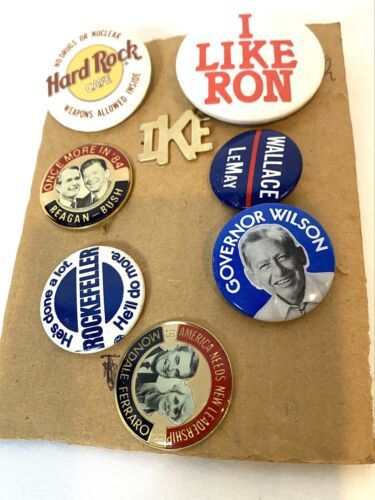 Primary image for Lot of 8 Vintage Political, Campaign Buttons (50's, 60's,80's), Hard Rock Cafe 
