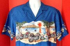 KYs Hawaiian Motorcycle Surfboard Mens Shirt Blue Tropical Vacation Hawa... - €14,42 EUR