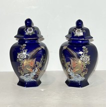 2 ~ Asian Cobalt Blue Gold Peacock Floral Porcelain Ginger Jars Urns With Lid - £18.96 GBP