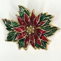 Vintage Christmas Poinsettia Pin Brooch Signed SFJ Red Green Enamel Gold Tone - £15.56 GBP