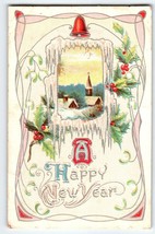 New Years Postcard Bell Holly Leaves Church View Embossed Vintage Series 52 - £4.94 GBP