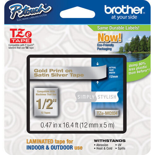 Brother TZeMQ934 12mm 1/2" gold on satin silver TZ tape PT H100 P700 2030VP 2030