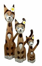 Balinese Wood Handicrafts Large Floral Feline Cat Family Set of 3 Figurines - £39.33 GBP