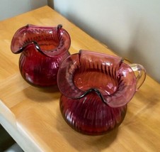 Vtg Pilgrim Glass Optic Cranberry Pink Pitcher Ribbed Clear Handle + Sug... - $49.49