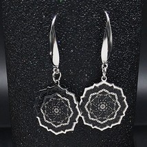 Mandala Earrings Silver Black Stainless Steel Sacred Geometry Boho Dangle Drops - £12.78 GBP