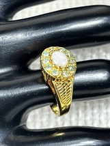 Vintage Halo Opal and Light Green Cubic Zirconia 18K HGE Gold Plated Ring Size 7 - £21.48 GBP