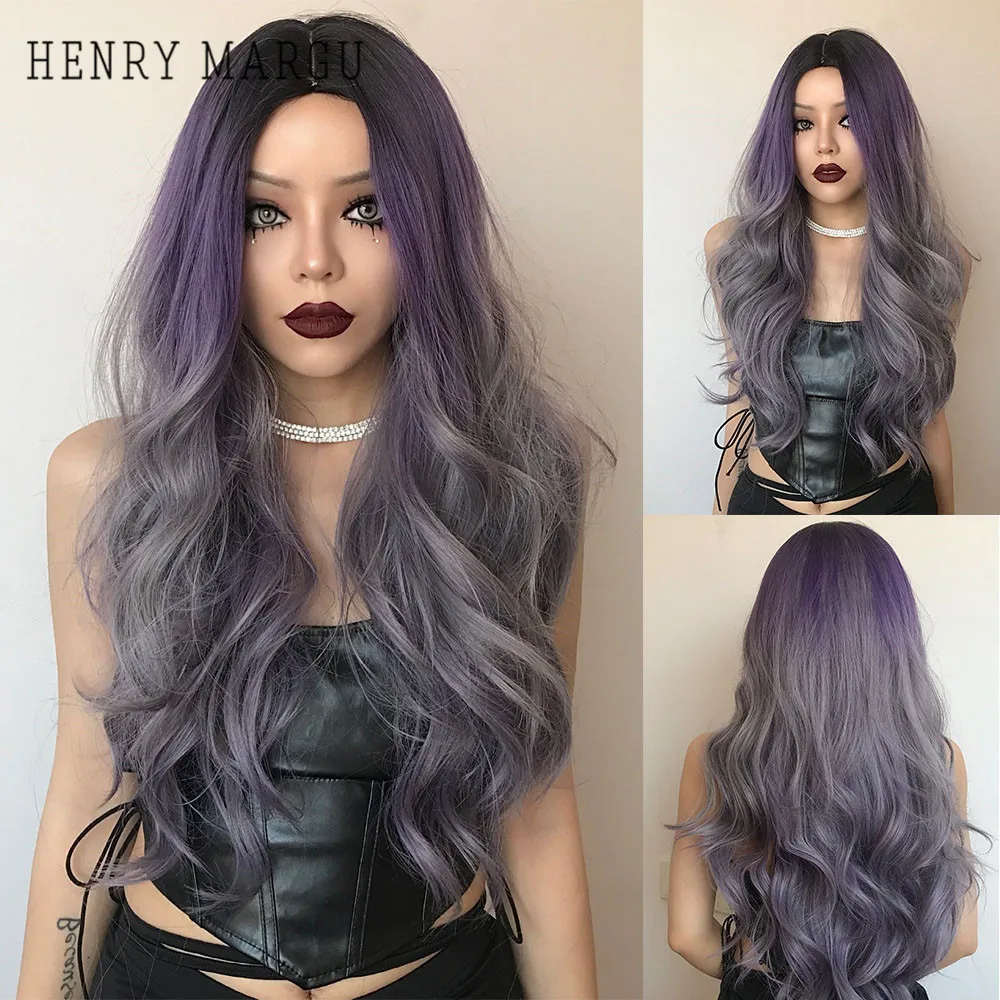 HENRY MARGU Ombre Purple Ash Long Synthetic Wigs for Women Body Wave Hair He - £21.99 GBP+