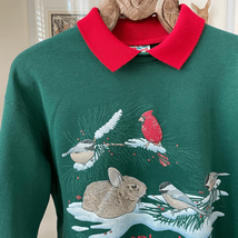 Vintage 90s Hanes Activewear Collared Sweatshirt Cardinal Bunny Snow Gre... - $20.16