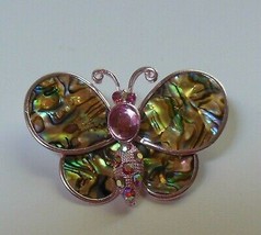 Thin Abalone Shell  Butterfly Brooch With Pink Rhinestones Lightweight - £7.55 GBP