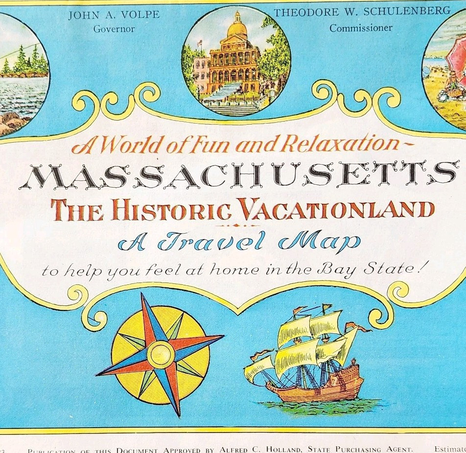1970s Historic Massachusetts Travel Map Double Sided 34 x 21.5&quot; Souvenir... - $19.99
