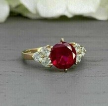 Birthday Gift Women&#39;s Ring 3 CT Round Natural Red Ruby &amp; Diamond 14k Yellow Gold - £331.30 GBP