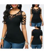 Women Lace T-shirt Solid Color Mesh Round Neck Short Sleeve Bandage Holl... - €11,44 EUR Women Lace T-shirt Solid Color Mesh Round Neck Short Sleeve Bandage Holl... - €11,44 EUR