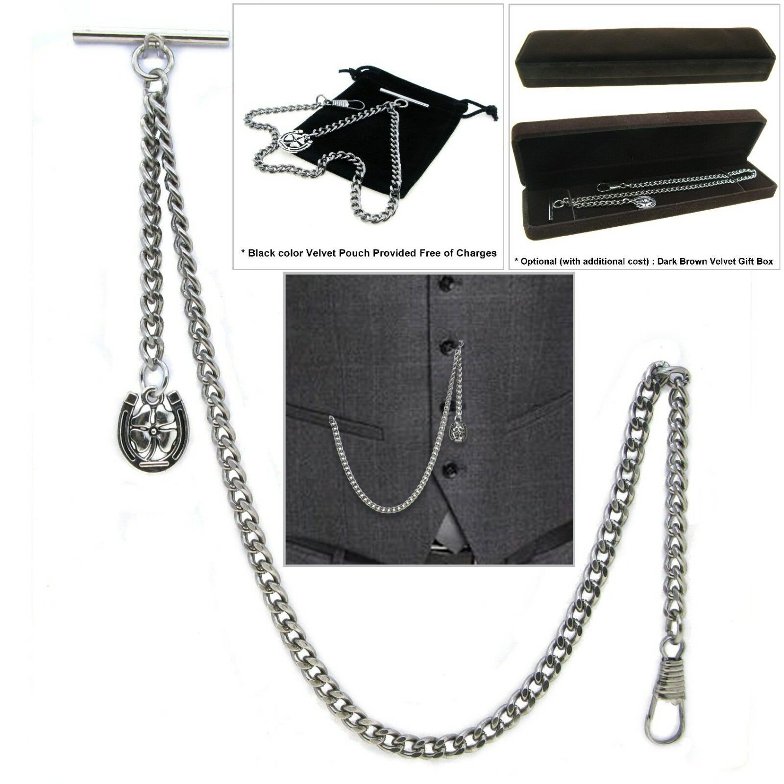 Albert Pocket Watch Chain Silver Color Four-Leaf Clover Fob T Bar Swivel... - $16.99