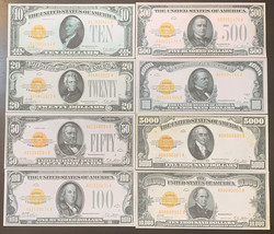 Reproduction Set 1928 Gold Certificates $10-$10,000 COMPLETE SET 8 Notes USA - £15.78 GBP