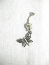 New Antiqued Pewter Angled Butterfly Dangling Charm On Clear Cz Belly Ring - £4.69 GBP