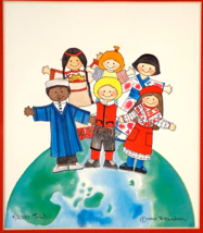 Limited Edition Signed Print Teresa Walsh 1990 Children of the World on Globe  - £31.85 GBP