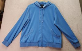 Denim &amp; Co. Hoodie Women Large Blue Polyester Long Sleeve Drawstring Ful... - $18.46