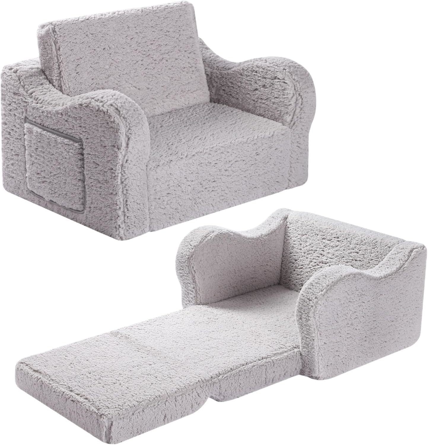 Kids Chairs For Toddler, 2-In-1 Toddler Soft Sherpa Couch Fold Out,, Grey - $90.94