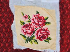 Handmade tapestry roses, vintage needlepoint embroidered tapestry of roses - $10.00