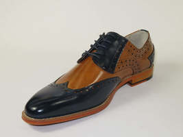 Men's Giovanni Shoes High Quality Leather Wing Tip Derby Troy Navy/Tan image 3