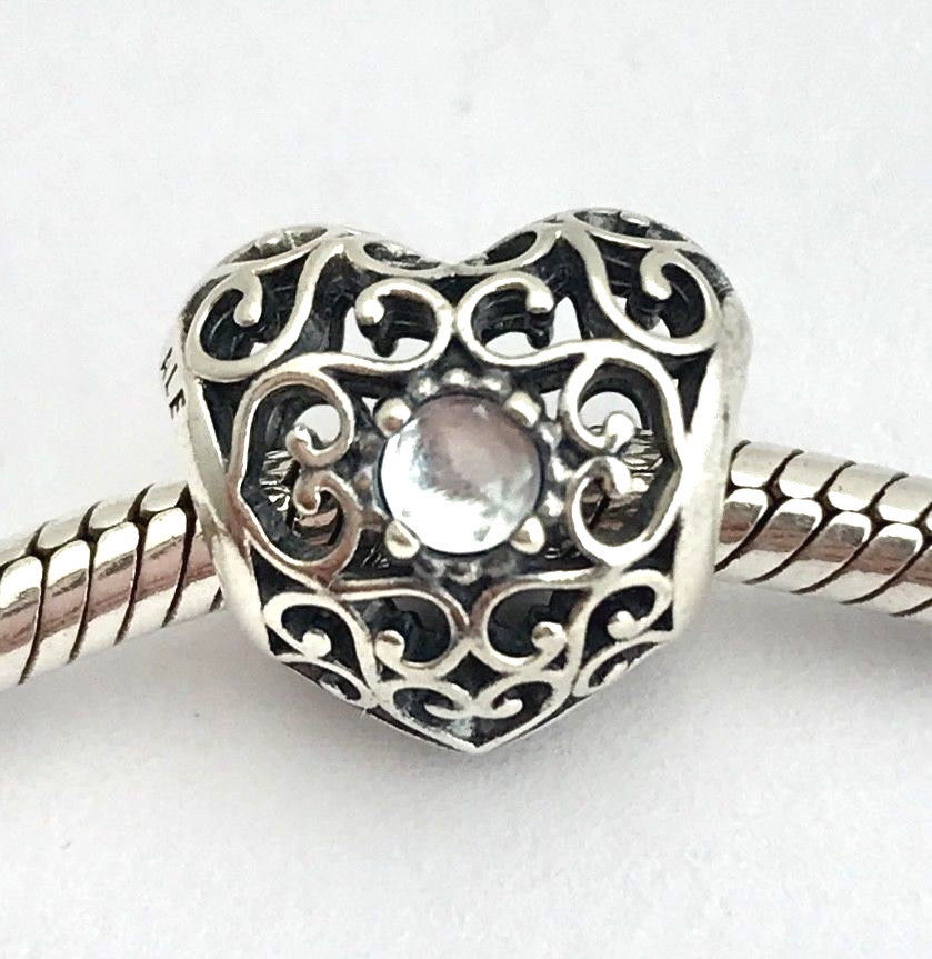 Authentic PANDORA April Signature Heart Charm, Sterling Silver, 791784RC... - $48.44