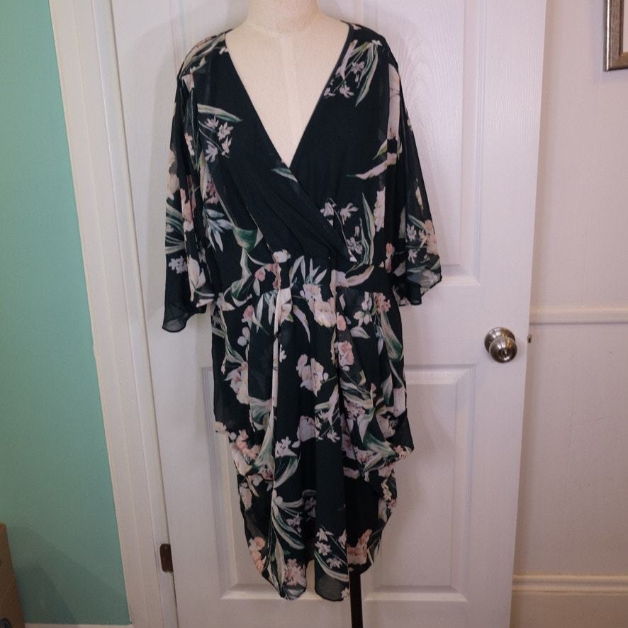 City Chic Floral Faux Wrap Dress XL Black Pink Tulip Hi-Low Sheer Sleeve - $39.95