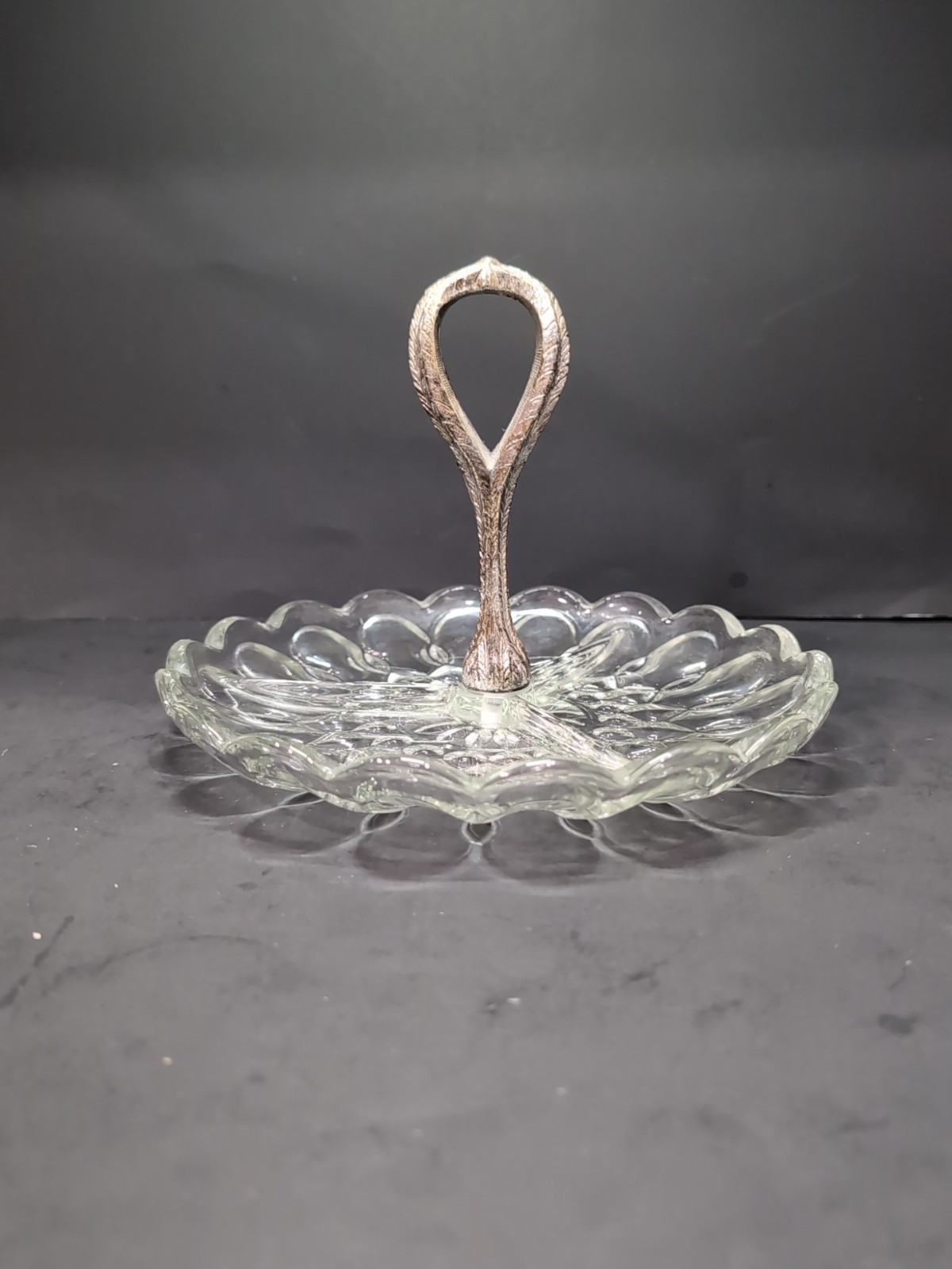 candy dish Anchor Hocking Fairfield Glass Divided  Serving Dish Silver H... - $12.86
