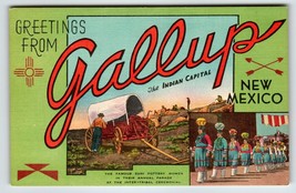 Greetings From Gallup New Mexico Large Letter Postcard Linen Zuni Stagecoach NM - £14.61 GBP