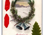 Merry Christmas Wreath Bells Silk Felt Micah Add On Unused DB Postcard O18 - $6.88