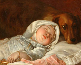 hand painting Michel Honore Bounieu   Sleeping child guarded by a dog - £53.75 GBP