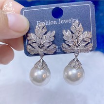 Fashion Korean Style Large Pearl Dangling Earrings Female Bohemian Leaf Pearl Ea - £34.55 GBP