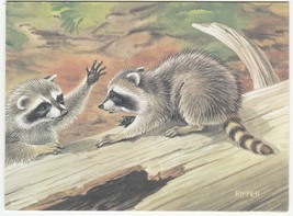 Vintage Greeting Card Raccoons Playing on a Log Chuck Ripper Unused - $7.91