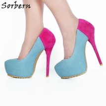 Fashion Blue Denim Women Dress Shoes Slip On Super High Heels Platform Ladies Pu - £133.83 GBP