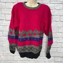 Vintage Gallagher Mohair Blend Long Sleeve Sweater Pink Stripe Hearts Size L 80s - $54.40