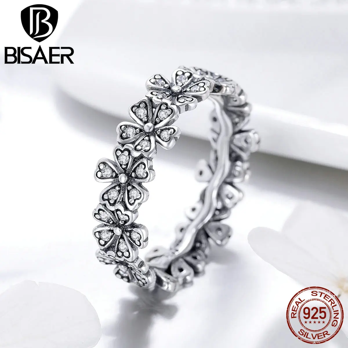 BISAER Real 925  Silver Romantic Daisy Flower Wedding Rings for Women Fashion Fi - $32.55