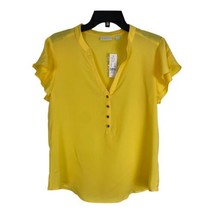 New York &amp; Co Womens Shirt Size Medium Yellow Sheer  Short Sleeve Button... - £17.49 GBP