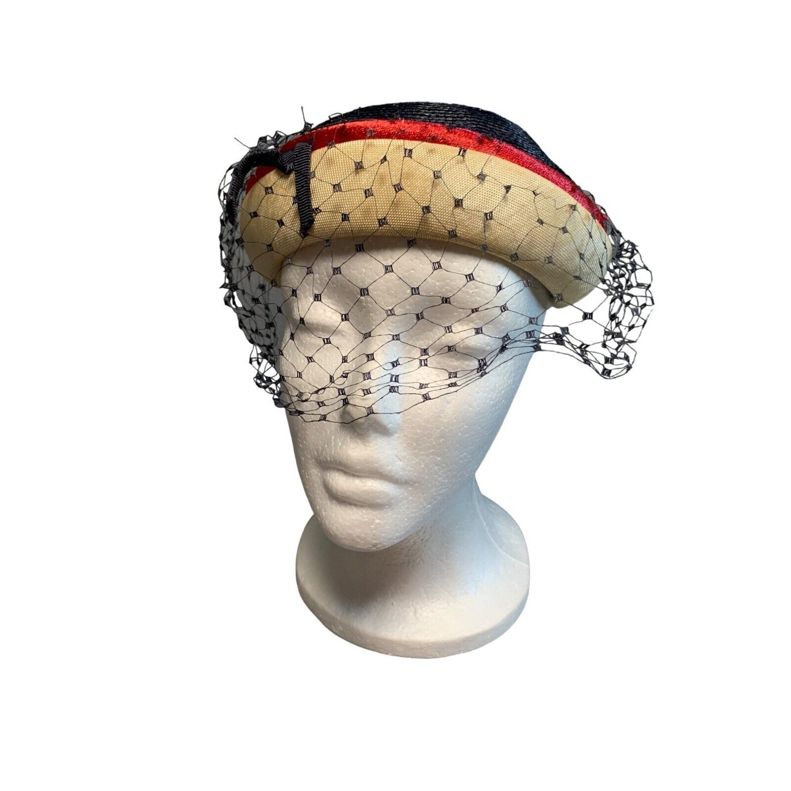 Vintage Navy &amp; Cream Pillbox Hat With Red Trim &amp; Black Veil Sz 22&quot; - $26.10