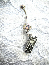Pewter Cell Phone Dangling Charm On 14g Clear Cz Belly Button Ring - £4.71 GBP