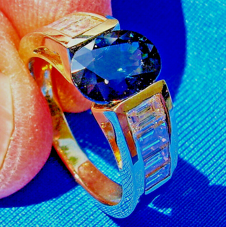 Earth mined Sapphire Diamond Engagement Ring 4 carat Deco Style Solitaire 18k Item image 5
