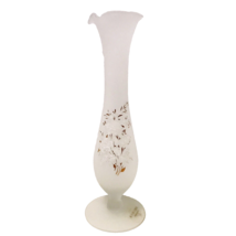 Viking USA Satin Glass Ruffled Top Footed White Flowers Gold Leaves Bud Vase - £23.55 GBP