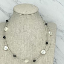 Silver Tone Triple Strand Wire Mother of Pearl Shell Beaded Necklace - £5.44 GBP