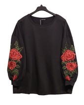 BloomChic Top Womens 22 24 Black Knit Floral Embroidered Balloon Sleeve ... - $19.80