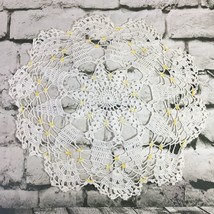 Vintage 16” Flower Shaped Doilie Hand Crocheted Yellow Beaded Decor - £9.49 GBP