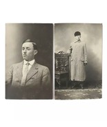 2 Early Kruxo RPPC Handsome Man In Suit &amp; Winter Coat Victorian Chair Po... - £15.11 GBP