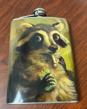 Smoking Racoon 8oz Stainless Steel Flask Drinking Whiskey Liquor - £11.64 GBP