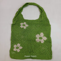 Catmicoo Crochet Floral Tote Shoulder Bag Green Mesh 21x12" Tan Flowers - $15.81