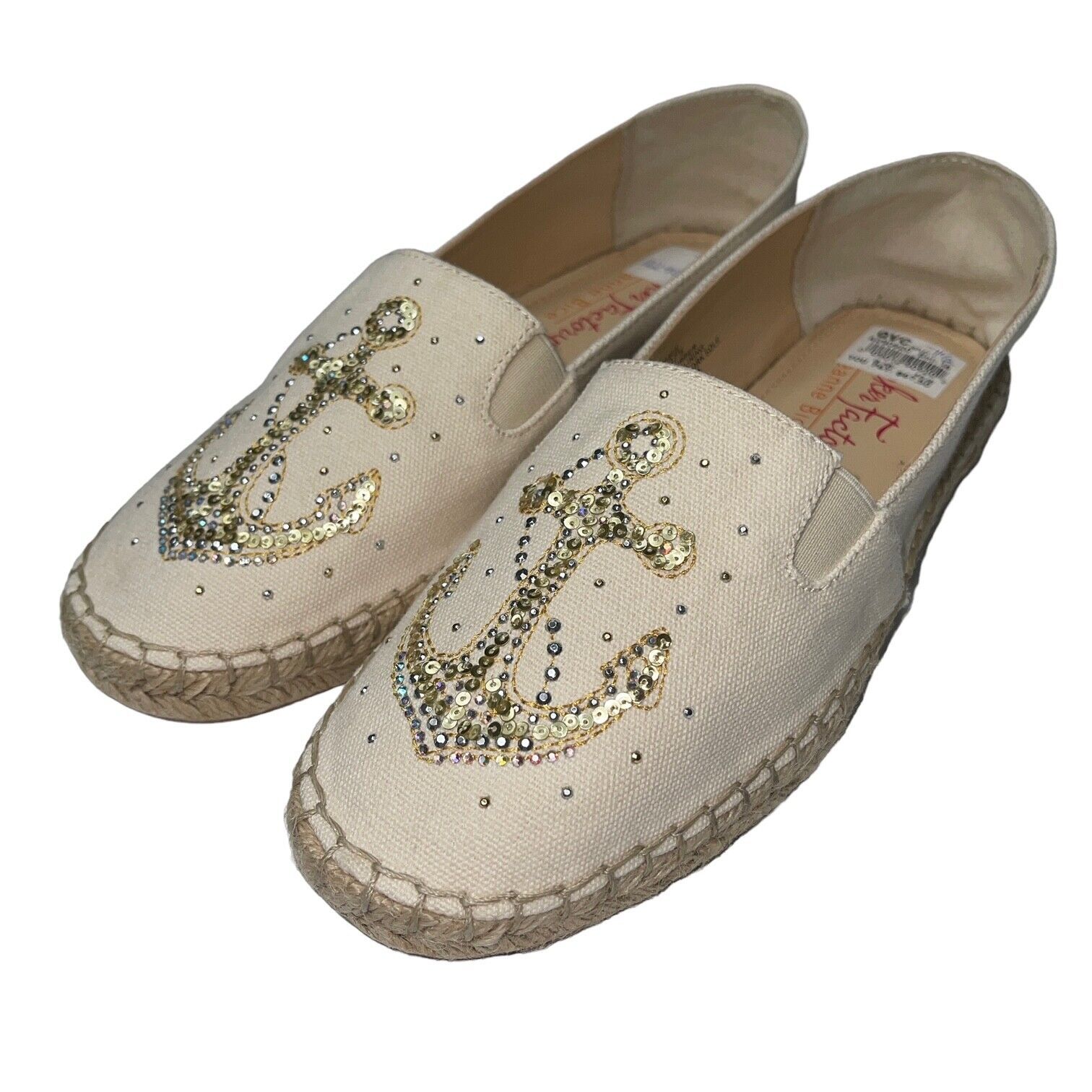 Primary image for Quacker Factory Shoes 7.5 Cream Gold Sequins Anchor Espadrilles Rhinestone Damie
